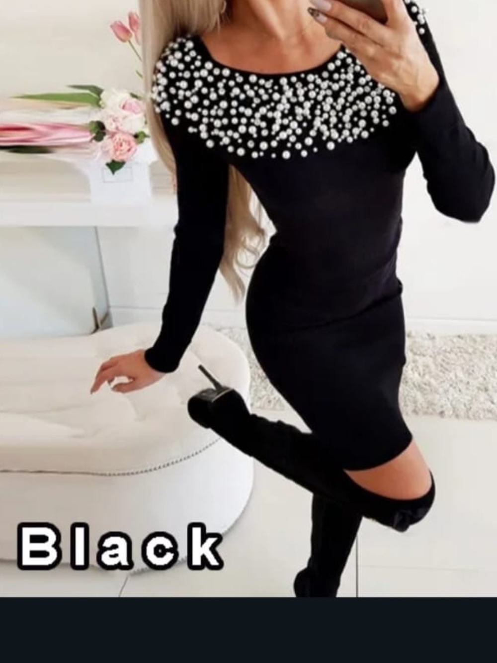 Chic Black Long-Sleeve Dress with Pearl Beaded Neckline & Open-Shoulder.US12-14